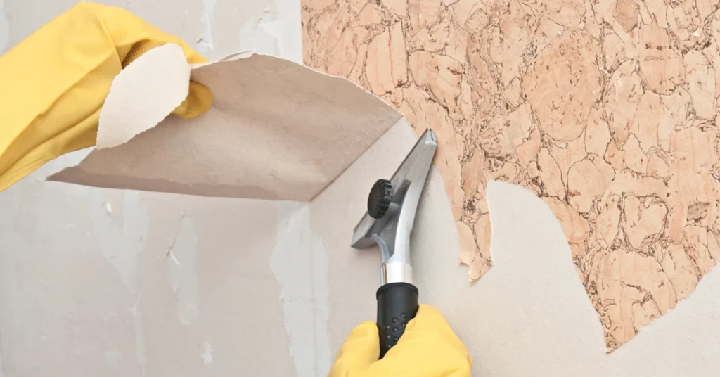 Hand in yellow glove scraping wallpaper adhesive off a wall with a putty knife
