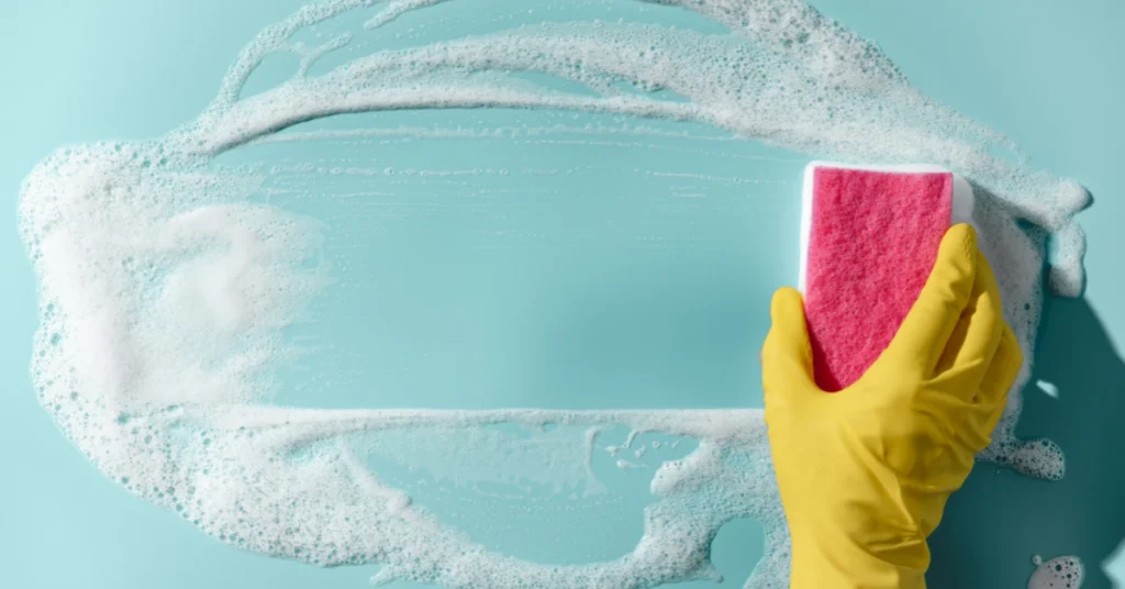 Yellow sponge wiping soapy foam residue off a smooth blue surface
