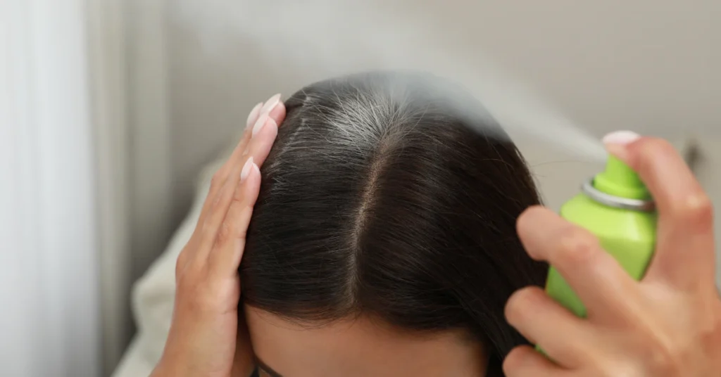 Close-up of dry shampoo being sprayed on scalp