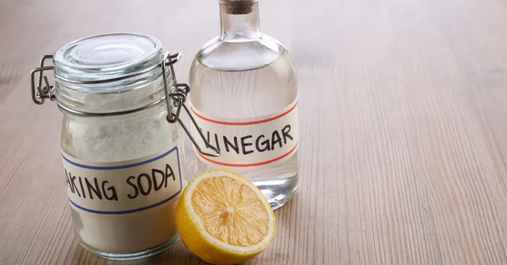 Jar of baking soda, bottle of white vinegar and a lemon on a wooden counter