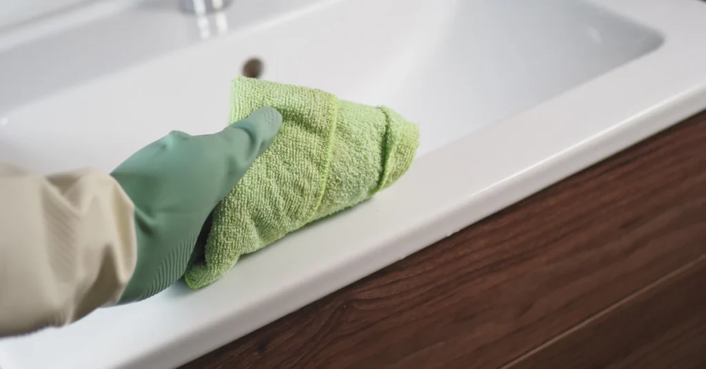 Gloved hand scrubbing a sink basin with a green cleaning cloth