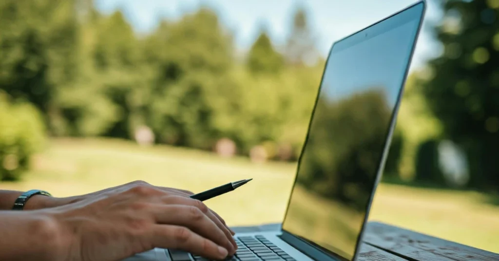 Person using a laptop outdoors