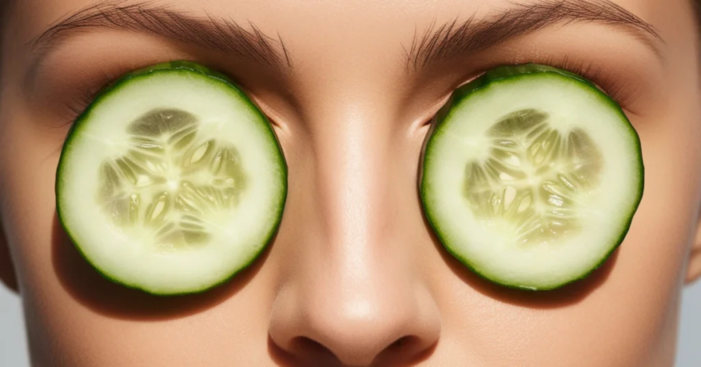 Woman with cucumber slices over her eyes for a morning puffiness remedy