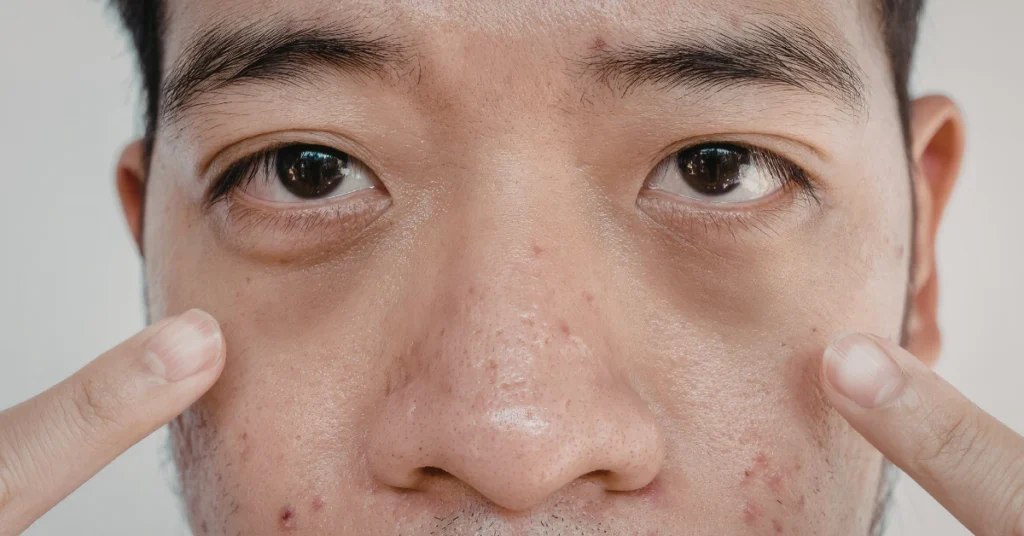 Close-up of a man's face showing under-eye bags and dark circles
