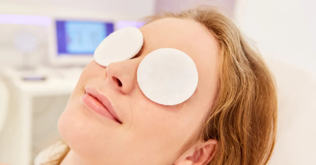 Woman relaxing with cotton pads over her eyes as a home remedy for dark circles