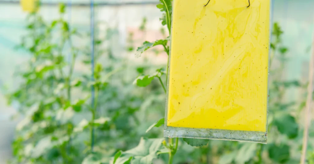 Yellow sticky trap hanging among green plants