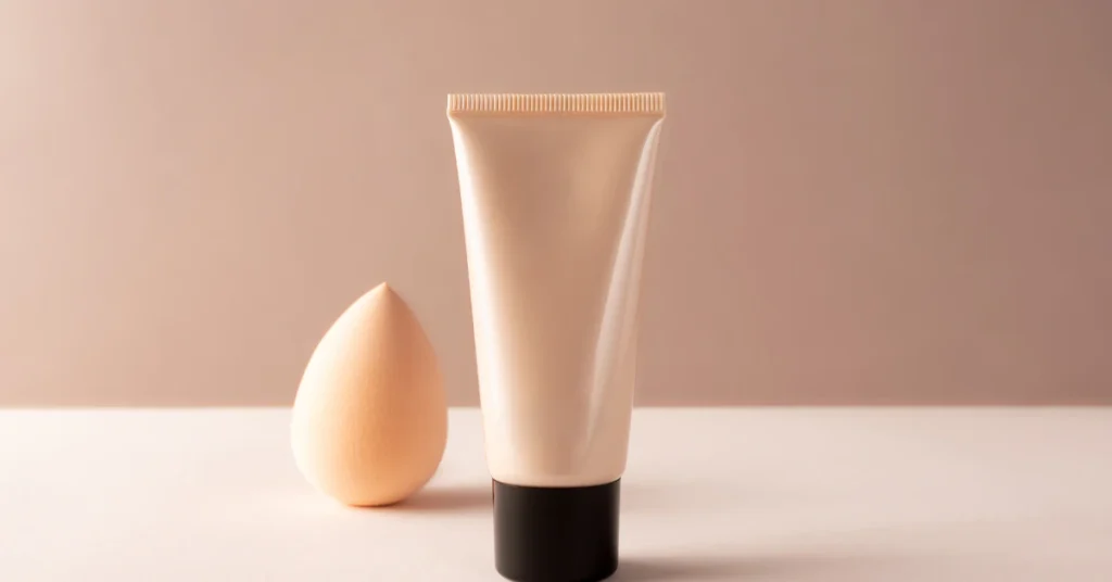 Tube of foundation and beauty sponge on a soft beige background