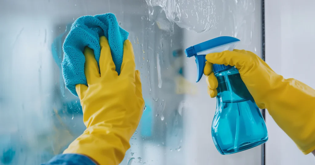 Person in yellow gloves cleaning a window with a cloth and spray bottle