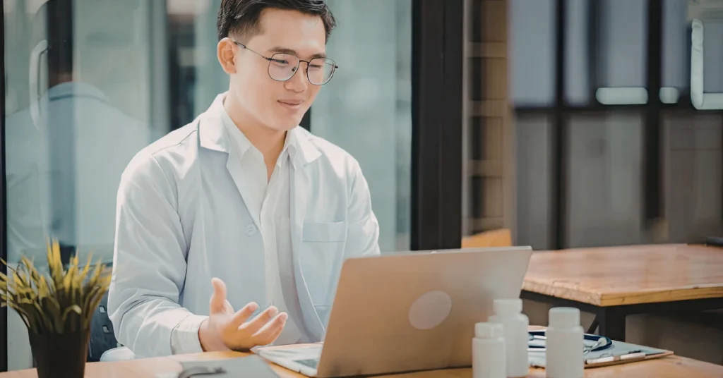 Man working on a laptop at a desk adjusting settings