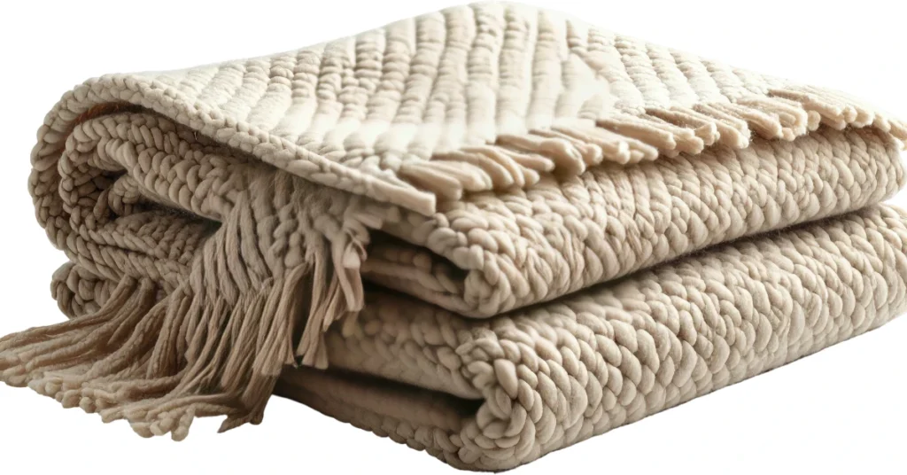 Beige knit wool blanket with fringe folded neatly for storage